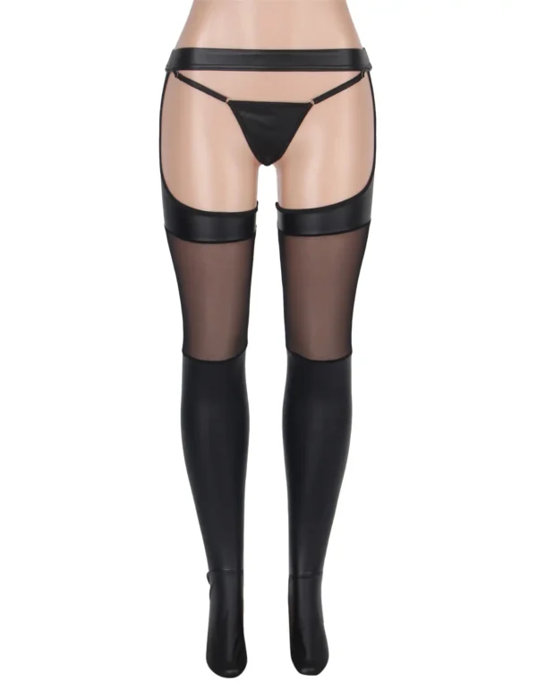 Collants noirs effet cuir à porte-jarretelles et string intégré (4) Bas noirs effet cuir à porte-jarretelles et string intégré
