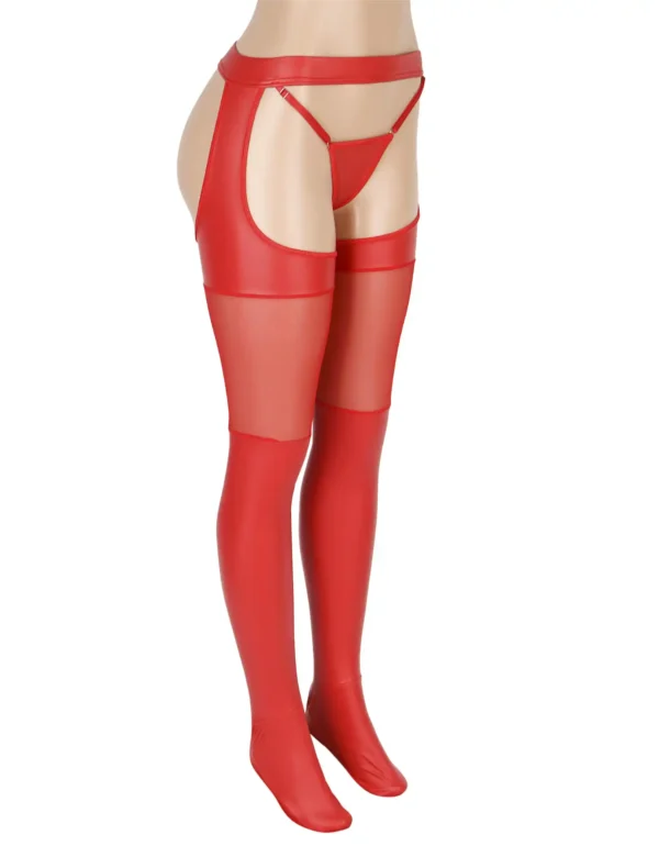 Collants rouges effet cuir à porte-jarretelles et string intégré (2) Bas rouges effet cuir à porte-jarretelles et string intégré