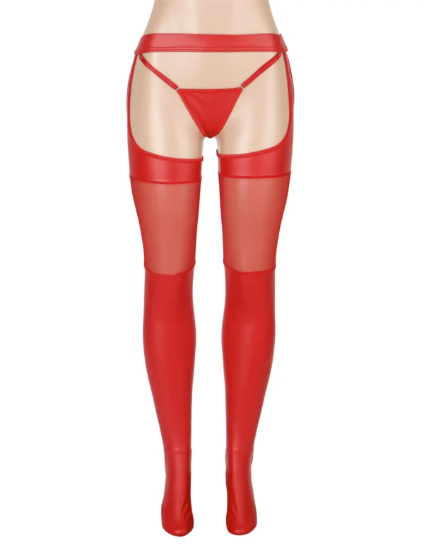 Collants rouges effet cuir à porte-jarretelles et string intégré (4) Bas rouges effet cuir à porte-jarretelles et string intégré