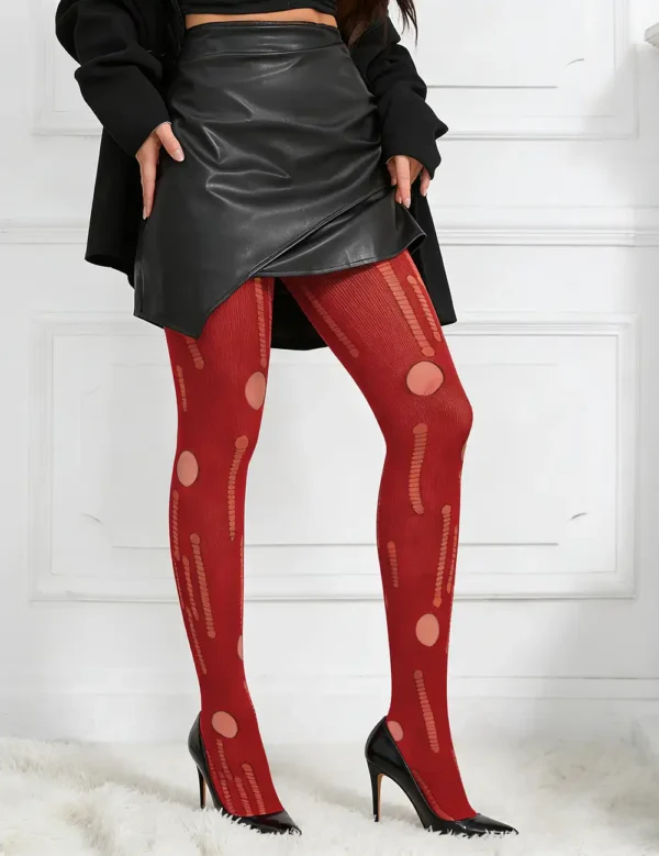 Collants rouges en maille effet déchiré