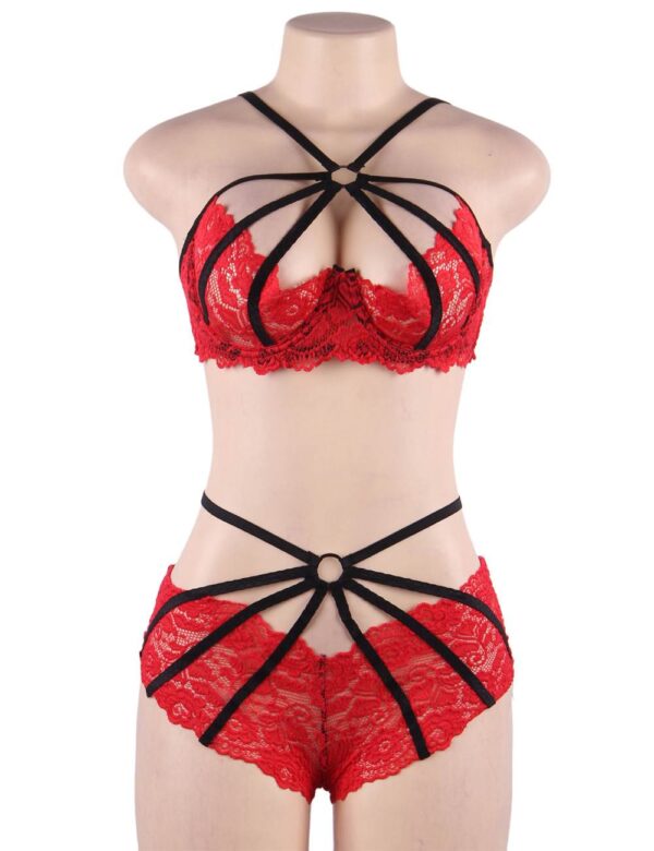 Ensemble dentelle harnais culotte ouverte