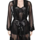 Ensemble déshabillé et nuisette noir satin et transparence (2) Ensemble déshabillé et nuisette noir satin et transparence