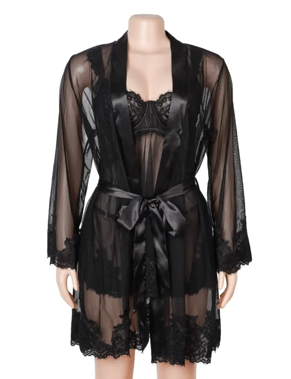 Ensemble déshabillé et nuisette noir satin et transparence (2) Ensemble déshabillé et nuisette noir satin et transparence