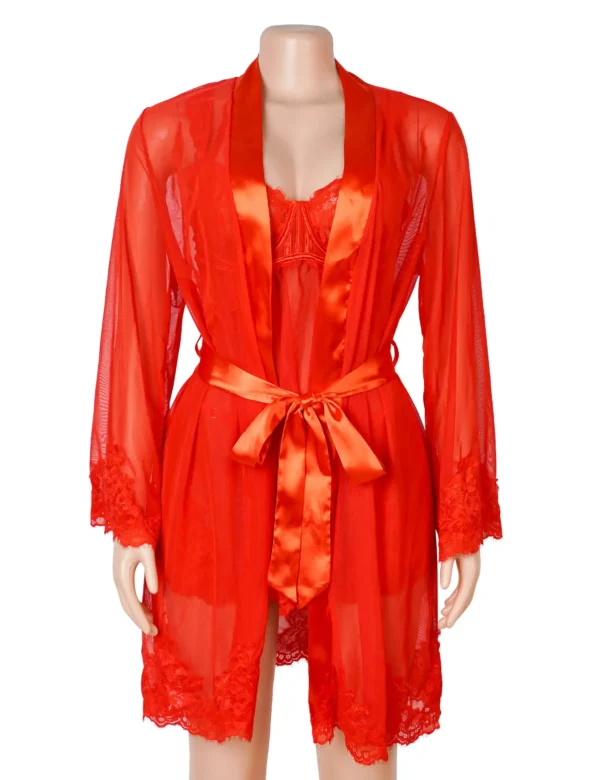 Ensemble déshabillé et nuisette rouge satin et transparence (3) Ensemble déshabillé et nuisette rouge satin et transparence
