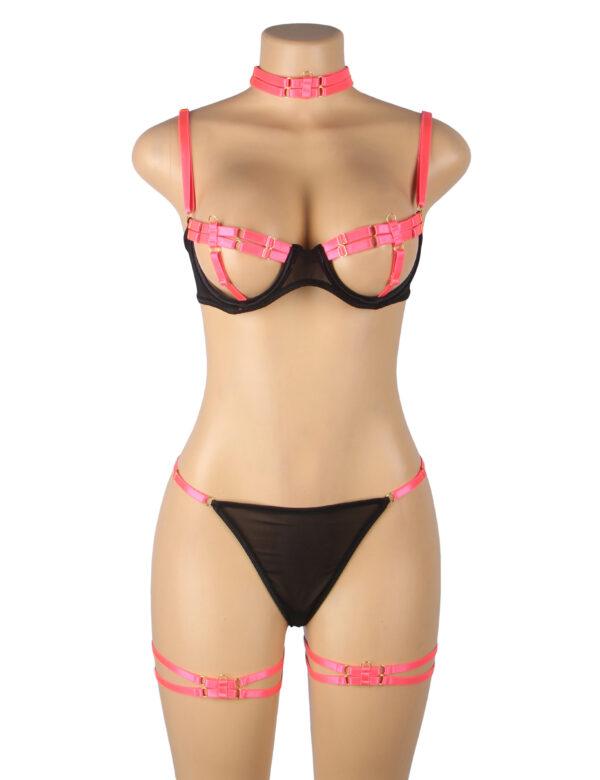 Ensemble harnais cage et jarretières — rose (6) Ensemble harnais cage et jarretières rose
