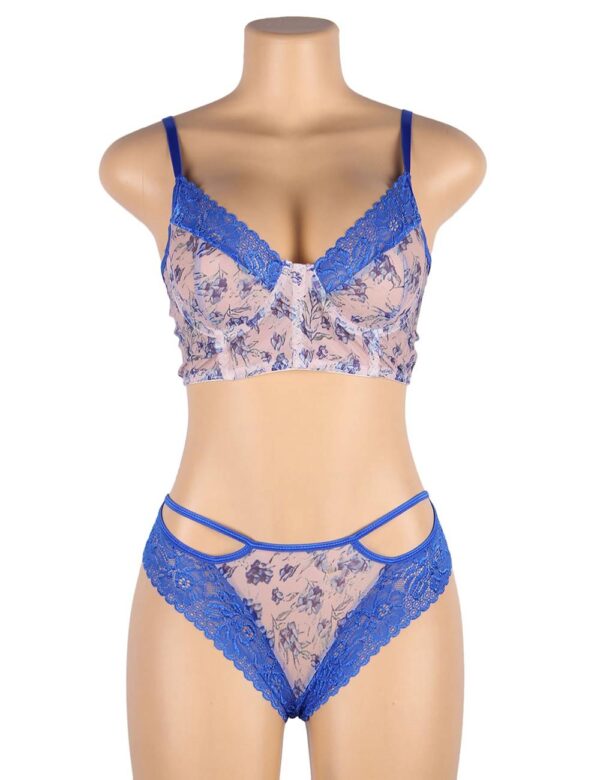 Ensemble imprimé floral dentelle bleue lacé Azur