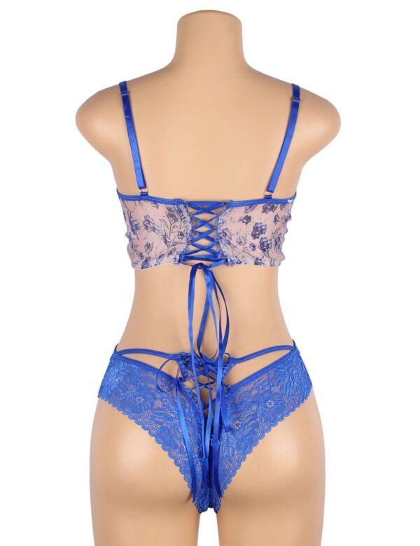 Ensemble imprimé floral dentelle bleue lacé Azur