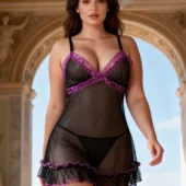 Ensemble nuisette et déshabillé noir à dentelle violette (2) Ensemble nuisette et déshabillé noir à dentelle violette