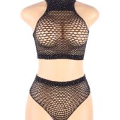Ensemble résille strass col montant noir (3) Ensemble résille strass col montant