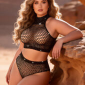 Ensemble résille strass col montant noir grande taille (1) Ensemble résille strass col montant