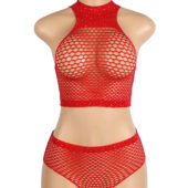 Ensemble résille strass col montant rouge (4) Ensemble résille strass col montant