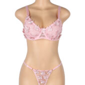 Ensemble triangle tulle fleurs brodées 3D Camélia rose (4) Ensemble triangle tulle fleurs brodées 3D Camélia