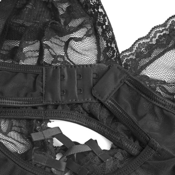 Guêpière dentelle florale avec menottes en tissu noir (6) Guêpière dentelle florale avec menottes en tissu