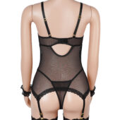 Guêpière dentelle florale avec menottes en tissu noir (7) Guêpière dentelle florale avec menottes en tissu