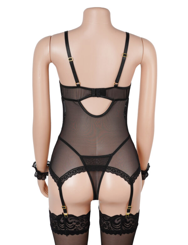 Guêpière dentelle florale avec menottes en tissu noir (7) Guêpière dentelle florale avec menottes en tissu