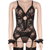 Guêpière dentelle florale avec menottes en tissu noir (8) Guêpière dentelle florale avec menottes en tissu