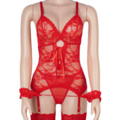 Guêpière dentelle florale avec menottes en tissu rouge (4) Guêpière dentelle florale avec menottes en tissu
