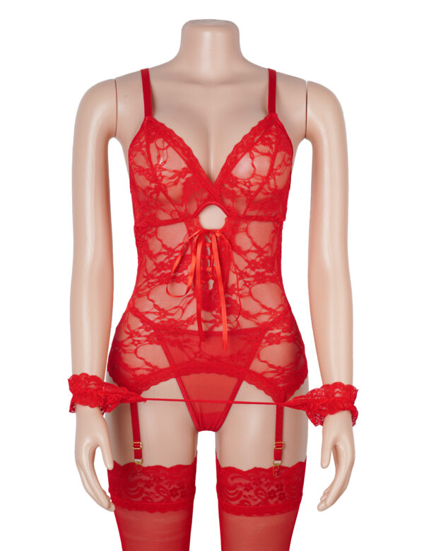 Guêpière dentelle florale avec menottes en tissu rouge (4) Guêpière dentelle florale avec menottes en tissu