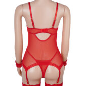 Guêpière dentelle florale avec menottes en tissu rouge (5) Guêpière dentelle florale avec menottes en tissu