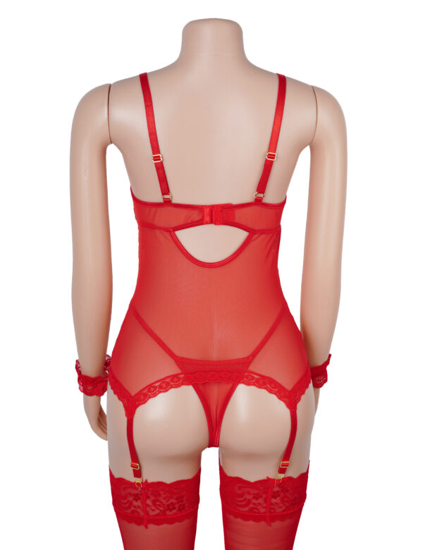Guêpière dentelle florale avec menottes en tissu rouge (5) Guêpière dentelle florale avec menottes en tissu