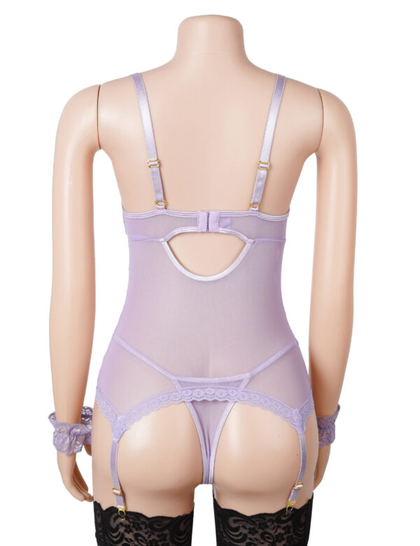 Guêpière dentelle florale avec menottes en tissu — violet (4) Guêpière dentelle florale avec menottes en tissu — violet