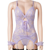 Guêpière dentelle florale avec menottes en tissu — violet (7) Guêpière dentelle florale avec menottes en tissu — violet