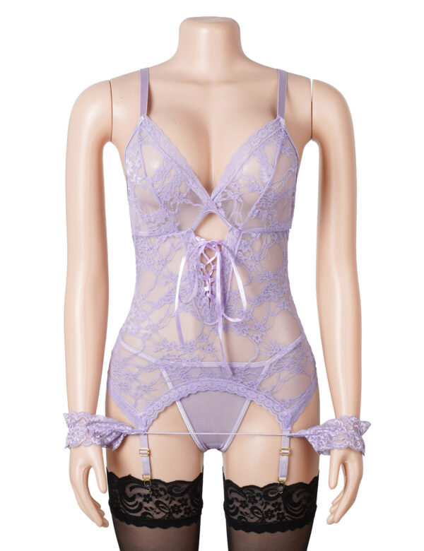 Guêpière dentelle florale avec menottes en tissu — violet (7) Guêpière dentelle florale avec menottes en tissu — violet