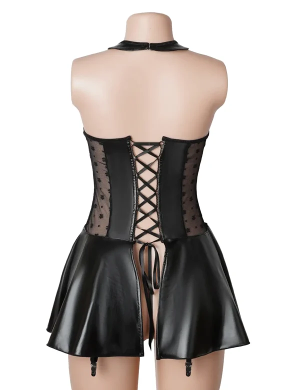 Guêpière effet cuir noire à collier et dos lacé (3) Guêpière effet cuir noire à collier et dos lacé