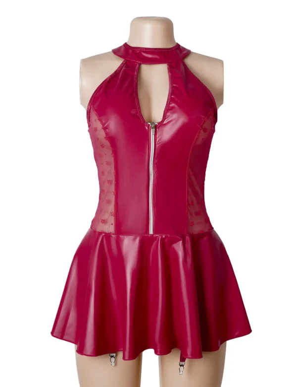 Guêpière effet cuir rouge zippée et lacée au dos (6) Guêpière effet cuir rouge zippée et lacée au dos