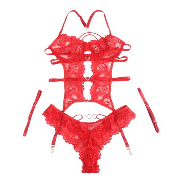 Guêpière ensemble 3 pièces rouge (5) Guêpière ensemble 3 pièces