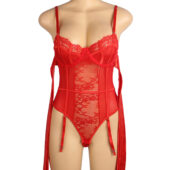 Lingerie Saint-Valentin rouge — bustier cage (4) Bustier cage à nœuds satin et jarretières
