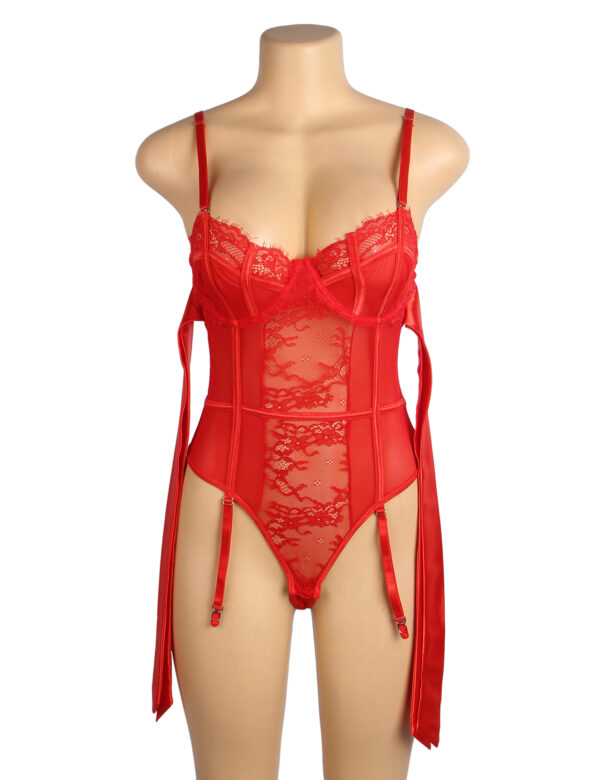 Lingerie Saint-Valentin rouge — bustier cage (4) Bustier cage à nœuds satin et jarretières