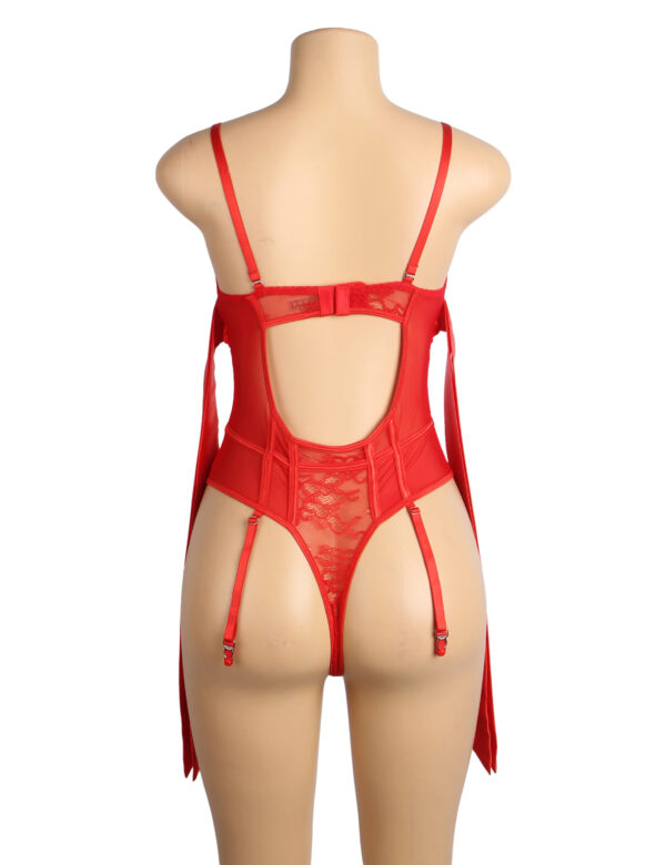 Lingerie Saint-Valentin rouge — bustier cage (6) Bustier cage à nœuds satin et jarretières