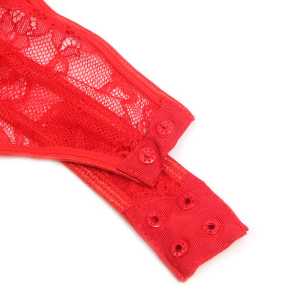 Lingerie Saint-Valentin rouge — bustier cage (7) Bustier cage à nœuds satin et jarretières