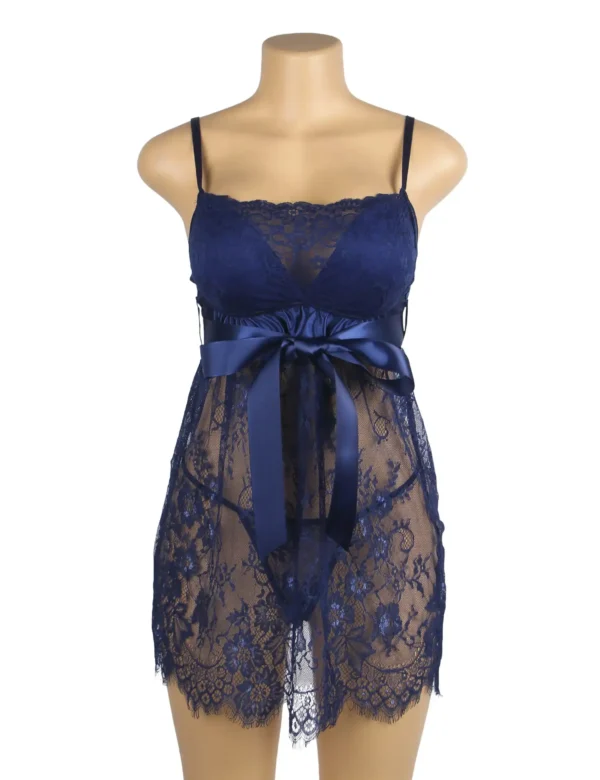 Nuisette bleue en dentelle florale et ruban satin