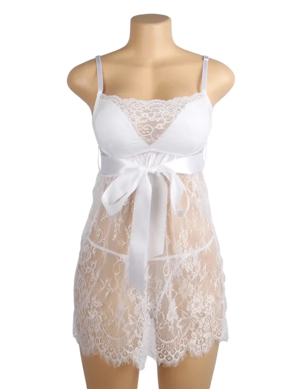 Nuisette dentelle blanche avec grand nœud à la taille