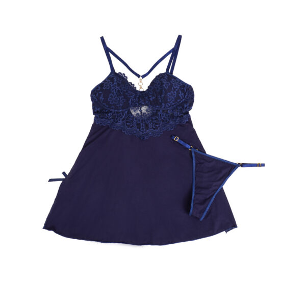 Nuisette dentelle bretelles croisées et string assorti bleu (5) Nuisette dentelle bretelles croisées et string assorti