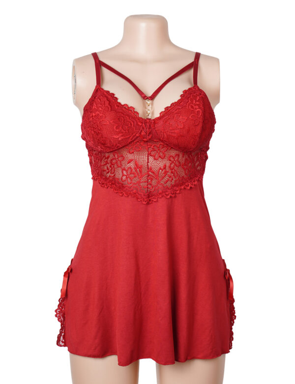 Nuisette dentelle bretelles croisées et string assorti rouge (5) Nuisette dentelle bretelles croisées et string assorti