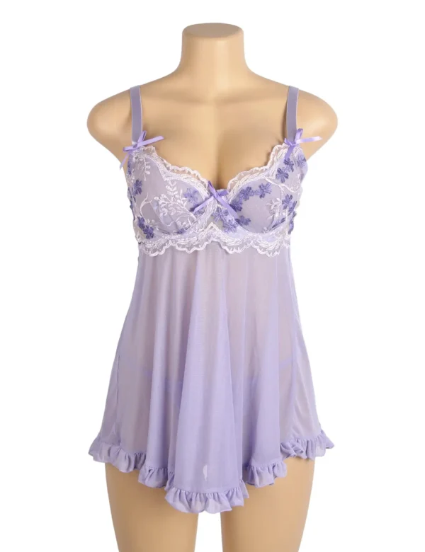 Nuisette lilas transparente à broderies florales (2) Nuisette lilas transparente à broderies florales
