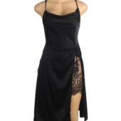 Nuisette longue satin fendue dentelle noire (3) Nuisette longue satin fendue dentelle noire