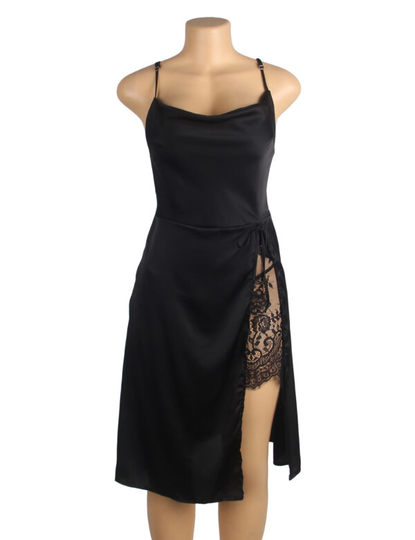 Nuisette longue satin fendue dentelle noire (3) Nuisette longue satin fendue dentelle noire