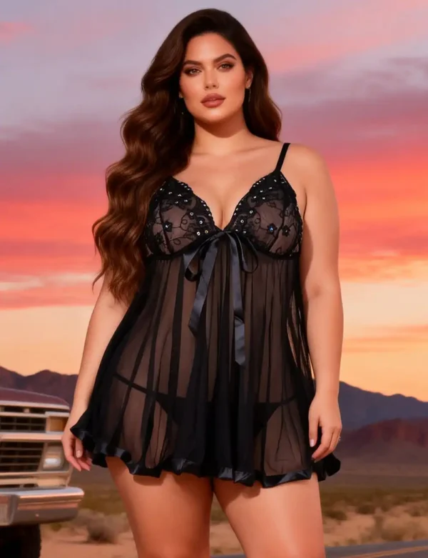 Nuisette noire à décolleté fleuri et nœud satin (5) Nuisette noire à décolleté fleuri et nœud satin