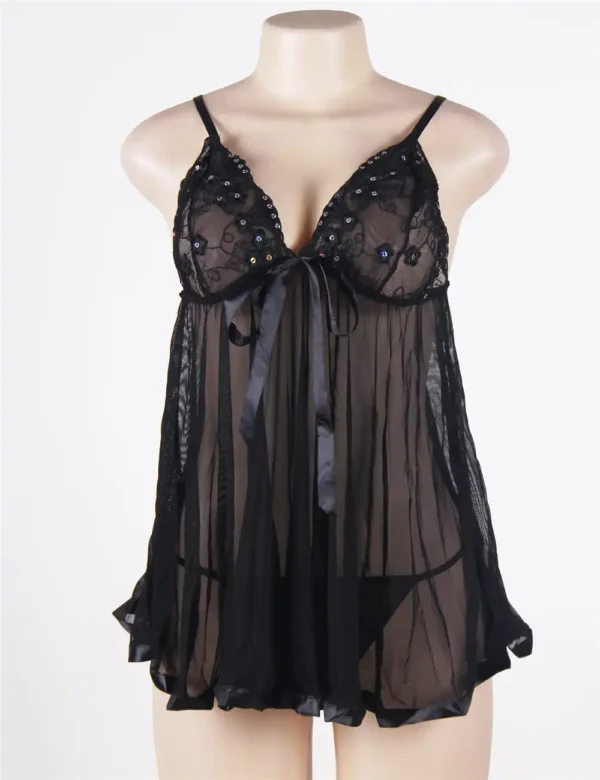Nuisette noire à décolleté fleuri et nœud satin (6) Nuisette noire à décolleté fleuri et nœud satin