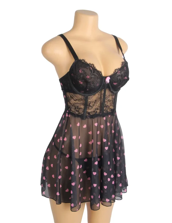 Nuisette noire à motifs cœurs roses (3) Nuisette noire à motifs cœurs roses