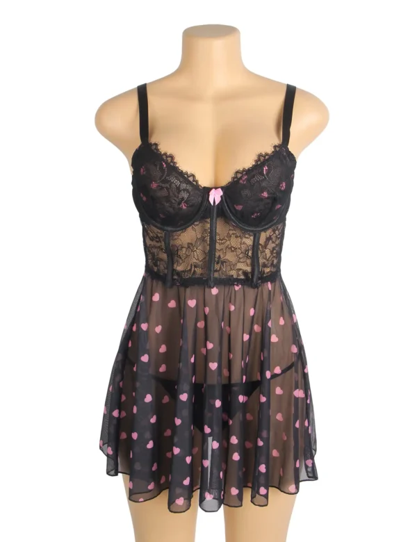 Nuisette noire à motifs cœurs roses (5) Nuisette noire à motifs cœurs roses