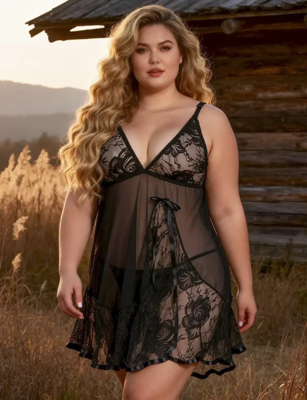 Nuisette noire à voile transparent et dentelle (4) Nuisette noire à voile transparent et dentelle