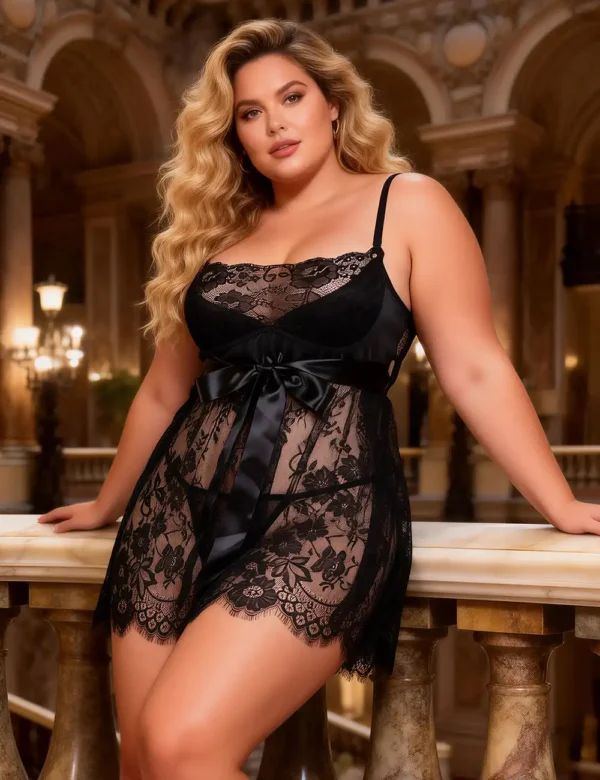 Nuisette noire en dentelle à grand nœud satiné grande taille (1) Nuisette noire en dentelle à grand nœud satiné