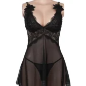 Nuisette noire en dentelle ajourée et voile (3) Nuisette noire en dentelle ajourée et voile