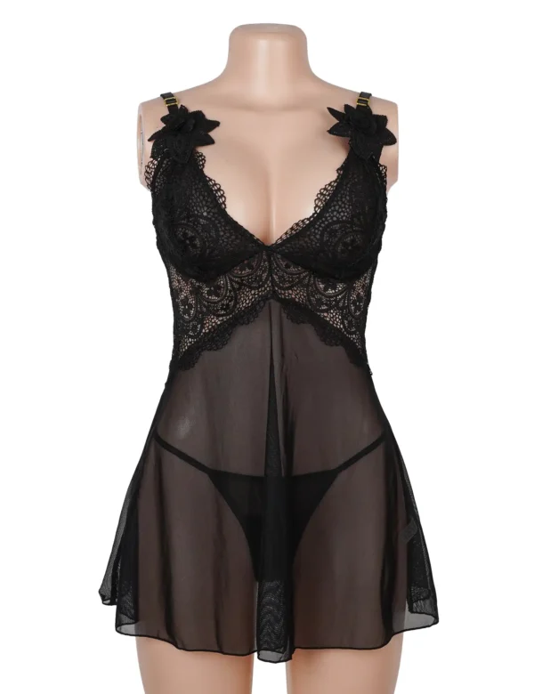 Nuisette noire en dentelle ajourée et voile (3) Nuisette noire en dentelle ajourée et voile