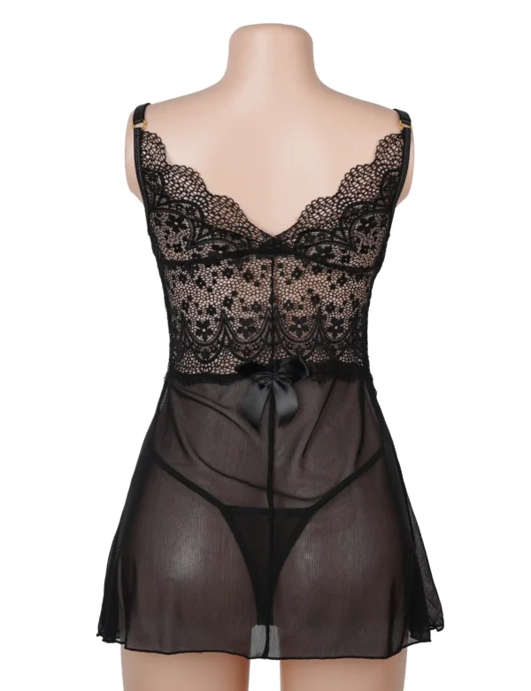 Nuisette noire en dentelle ajourée et voile (4) Nuisette noire en dentelle ajourée et voile